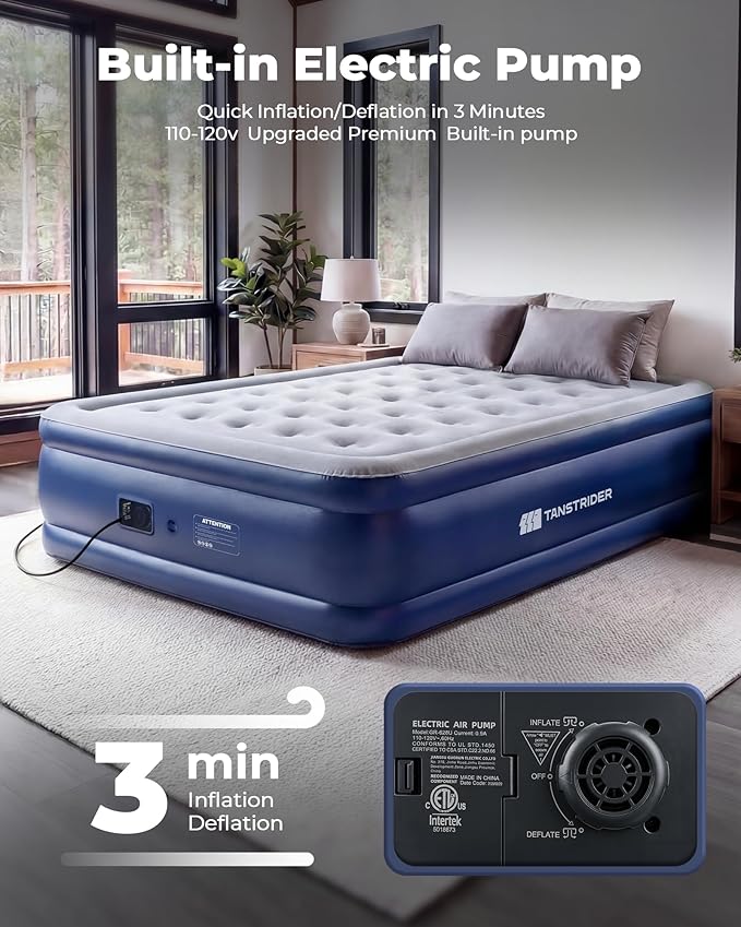 Full Size Air Mattress with Built in Pump, 18" Raised Inflatable Bed for Guest Room, 3-Min Quick Self-Inflating Airbed for Home Use Heavy Duty 600lbs Capacity