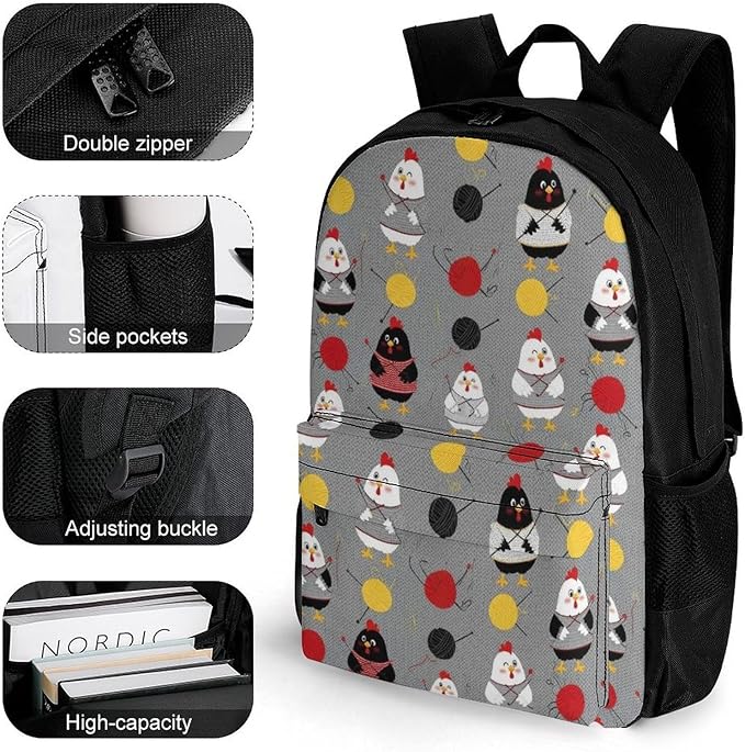Daypack Lightweight Multipurpose Anti-Theft Red Chickens Grey Shoulder Bag Large Capacity Laptop Book Bag Rucksack With Adjustable Shoulder Straps
