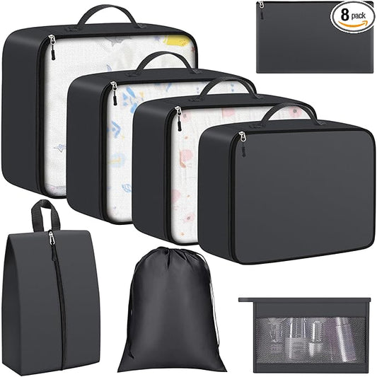 8 Set Packing Cubes for Travel Essentials, Packing Bags, Carrry-On Travel Accessories, Suitcase Organizers with Sturdy Zippers, Luggage Organizer for Airplane, Camping, Road Trip (Grey)