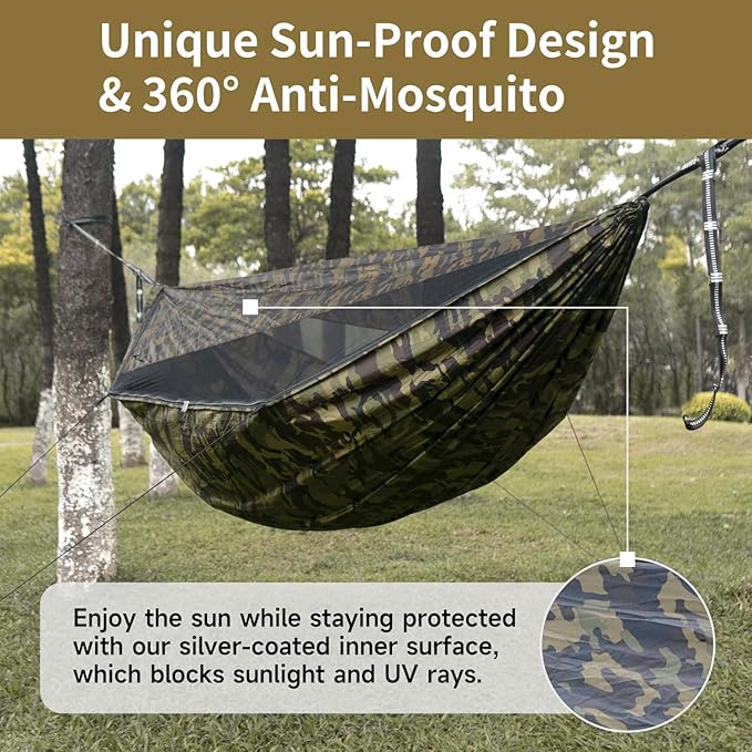 Camping Hammock with Mosquito Net and Sunshade, Backpacking Hammock with Ridge Rope Tree Straps, Lightweight Portable Hammocks for Outside, Hiking, and Travel