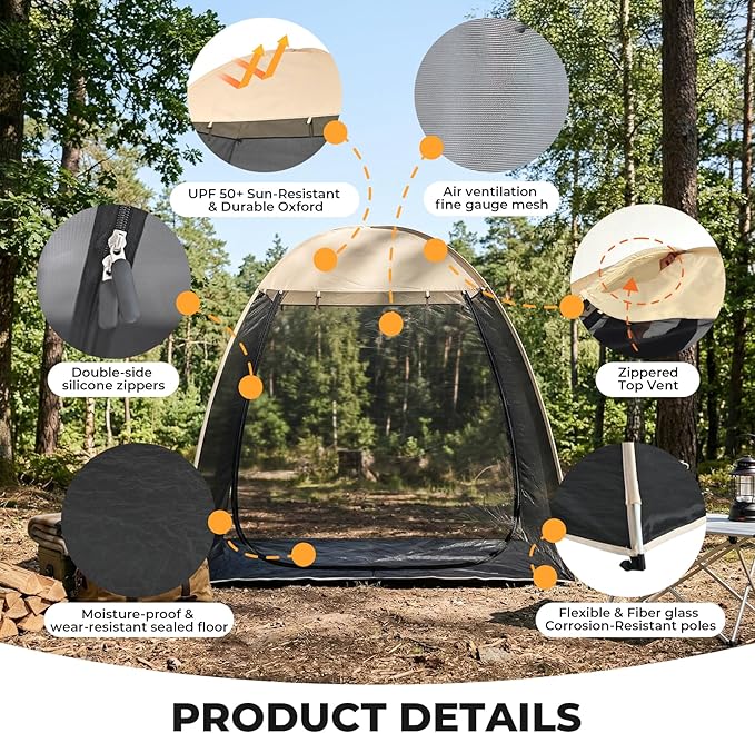 Alvantor® Pop Up Screen House Tent, Snap-fit Mesh Screen Gazebo with Peaked Roof, Portable Screen Room Canopy Shelter with Sandbags for Camping, Backyard, Picnic