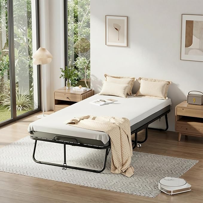 Superday Folding Bed with Mattress, 75” x 31” Portable Rollaway Bed, Twin Foldable Bed with 5" Mattress, Roll Away Beds for Adults, Fold up Beds for Guest Room&Small Apartment, Twin Size,Cot Size