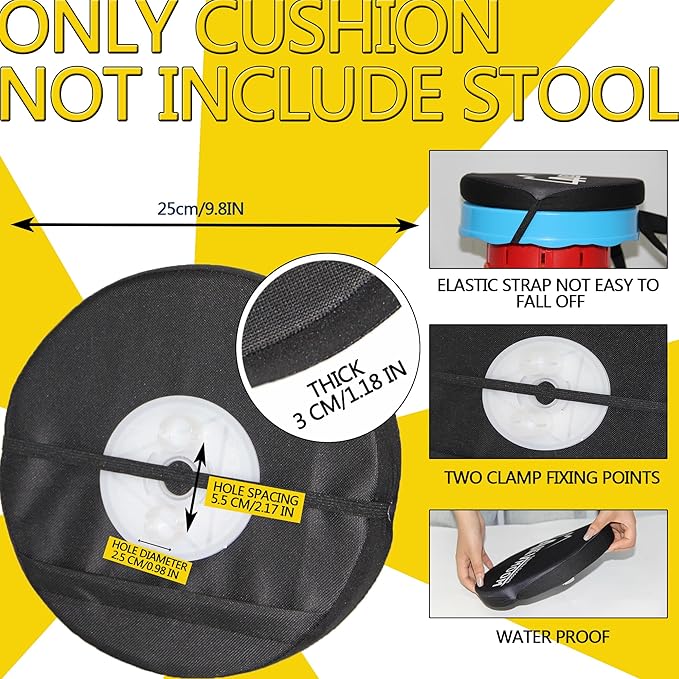 Thick Seat Cushion for 17.7" Telescopic Stools (Exclude Stool), D 9.8"(25cm) Chair Pads with Soft Foam and Three Pegs Fit in Round Collapsible Folding Stools (Cushion Only) Pads with Elastic Strap