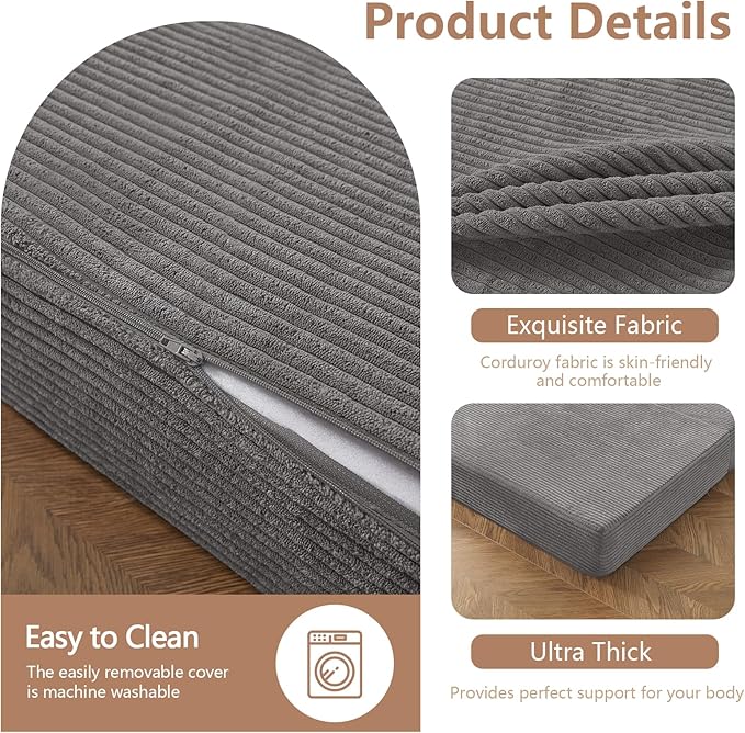 BYBYME Corduroy Tri-Folding Mattress, 6 Inch Gel Folding Mattress Topper, Foldable Soft Guest Bed Camping Pad, Washable Cover (Grey, Queen)