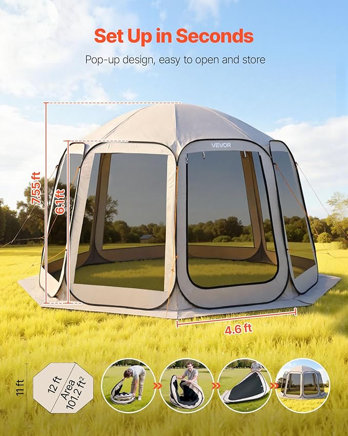 VEVOR Pop up Screen House Tent, 12 x 11 ft, 10-12 Person Screen Gazebo, Portable Screened in Canopy with Carry Bag, Netting Sides, Ground Stakes, for Garden, Patio, Backyard, Outdoor Activities, Beige