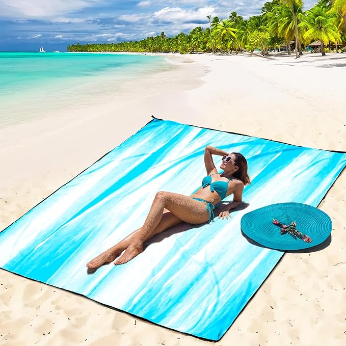 Beach Blanket Waterproof Sandproof Beach Mat 79" X 83"/10'x9'for 2-8 Adults Quick Drying Outdoor Picnic Mat Beach Accessories for Travel, Camping, Hiking
