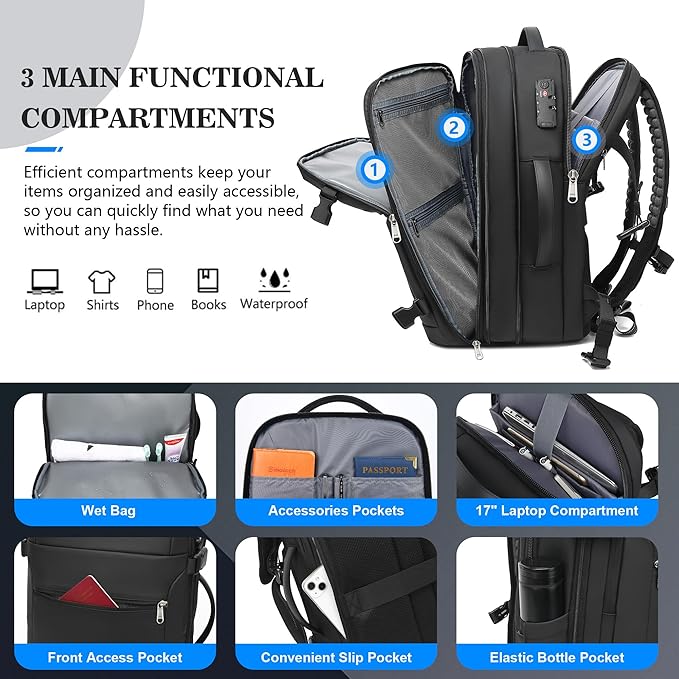 POSO Vacuum Backpack Travel – Expandable Compression Carry On Backpack with Vacuum Pump, Water-Resistant TSA Lock Travel Bag, 17" Laptop Backpack for Men Women, Business Airplane Flight Luggage