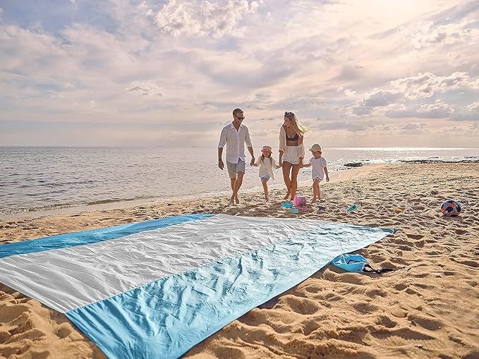 WEKAPO Beach Blanket Sandproof Waterproof, Extra Large Beach Mat, Oversized & Compact Sand Free Mat Quick Drying, Lightweight & Durable with Stakes & Corner Pockets