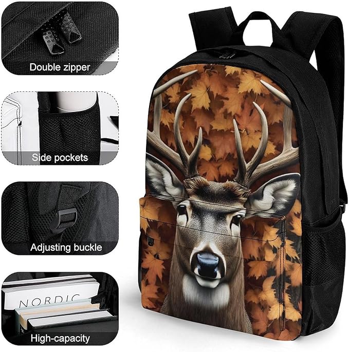 Supdreamc Men Women Polyester Fall Maple Leaves Hunting Camo Tree Deer Backpack Large Capacity Bookbag With Smooth Zippers for Climbing Picnic Bicycle