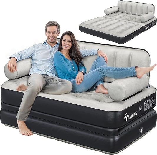 YITAHOME Queen Size Inflatable Sofa Bed with Headboard and Pump, Convertible Blow Up Couch, 2-in-1 Black Air Sofa Bed for Home, Camping, and Guests, Black