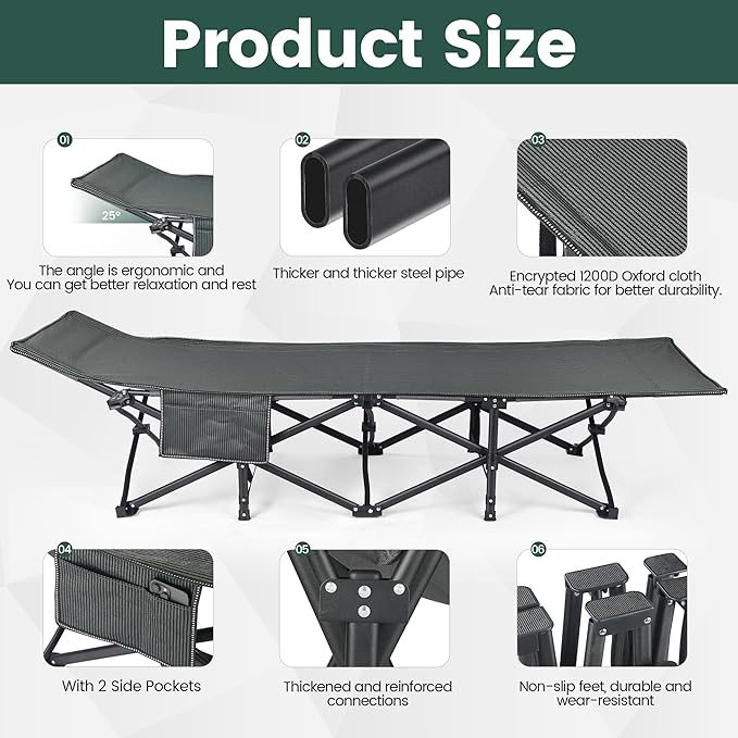 Oversized XXL Folding Camping Cot W/Mattress, 75" L x 27.5" W x 14" H, Heavy Duty Portable Cot for Adults with Carry Bag – Durable 1200D Oxford Fabric for Camping, Travel, Home, or Office