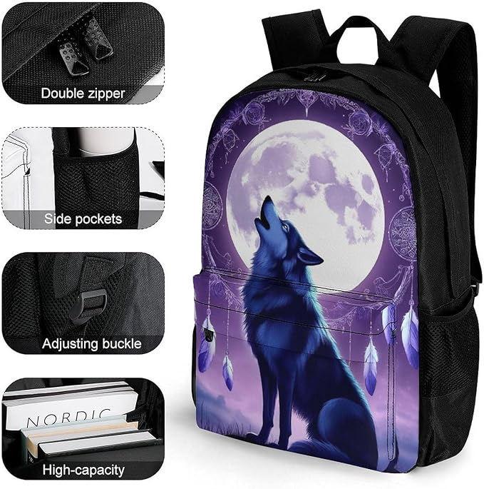 Supdreamc Men Women Polyester Moon Dream Catcher Native American Wolves Daypack Big Capacity Shoulder Bag With Smooth Zippers for Hiking Work Walking Cycling