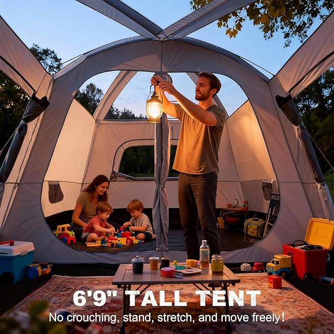 4-6 Person Camping Tent, Large Family Cabin Tents with Porch & Rainfly, Double Layer Waterproof Glamping Tent with 2 Rooms 2 Doors, Portable Big Tents for Outdoor Camping Hiking Party