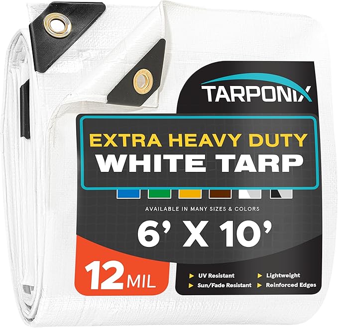 6' x 10' Extra Heavy-Duty White Poly Tarp – 12 Mil Thick, Waterproof, UV-Resistant Polyethylene with Reinforced Edges, Double-Stitched Hems, and Rustproof Grommets