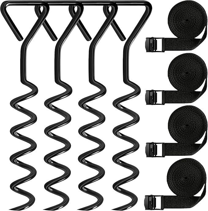 Trampoline Stakes Tent Garden Stake Heavy Duty Trampoline Parts Tent Canopies, Carports,Swing Sets Stake Corkscrew Shape Steel Stakes Anchor Kit,Bonus 4 Strong Belt,Black
