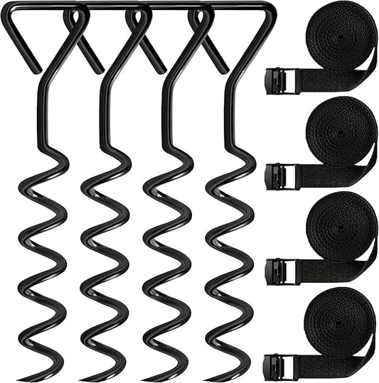 Trampoline Stakes Tent Garden Stake Heavy Duty Trampoline Parts Tent Canopies, Carports,Swing Sets Stake Corkscrew Shape Steel Stakes Anchor Kit,Bonus 4 Strong Belt,Black