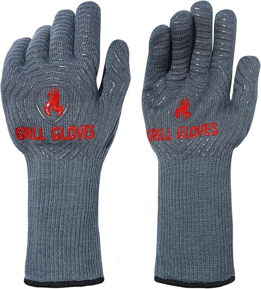 QUWIN BBQ Gloves, Oven Gloves 1472℉ Extreme Heat Resistant, Grilling Gloves Silicone Non-Slip Oven Mitts, Kitchen Gloves for BBQ, Grilling, Cooking, Baking-1 Pair… (Grey, One Size(Long Cuff))