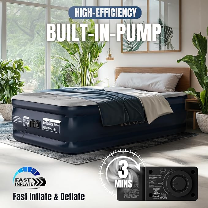 Twin Air Mattress with Built-in Pump, 18" Top Inflatable Mattress with Waterproof Flocking Fabric, Three-Minute Quick-Inflatable Bed. Portable Blow Up Mattress for Home, Outdoor and Guests