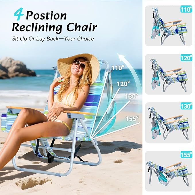 4-Position Reclining Backpack Beach Chair with Canopy Headrest Cooler Bag Cup Holder Towel Bar Storage Pouch Wooden Armrests Aluminum Frame Supports 400 lbs Foldable for Adults Camping Travel