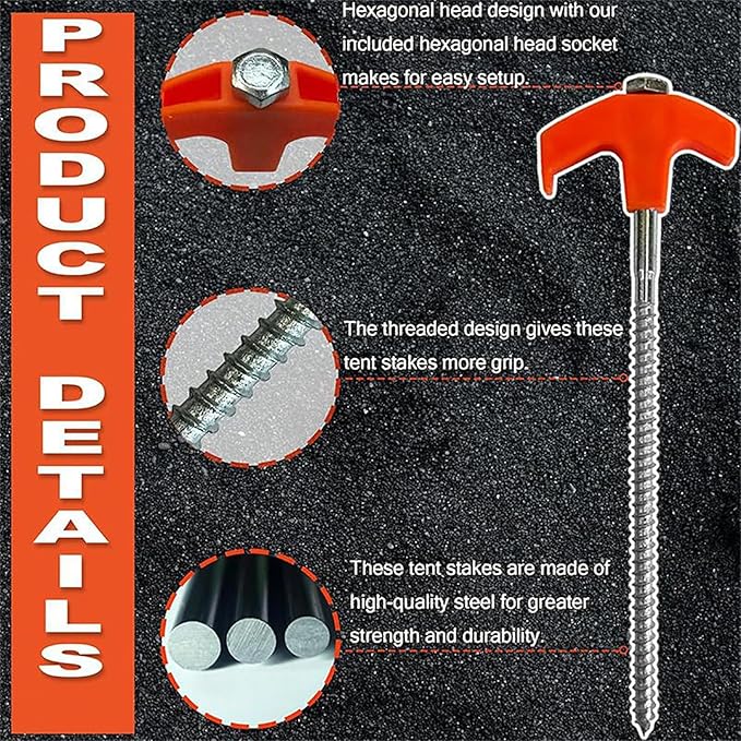Screw in Tent Stakes,Tent Stakes Heavy Duty Screw,Hex Pegs Drillable Tent in Ground Anchors with 1 Hex Head Driver,Metal Stakes for Trampoline,Tent,Canopy,Dog Anchors (8, Black)