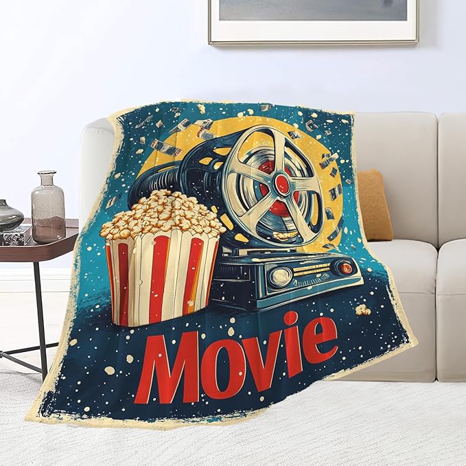 Movie Blanket Film Theater Cinema Popcorn Throw Blankets Gifts for Girls Boys Kids Movie Lover Soft Cozy Fleece Plush for Couch Sofa Bed 80"x60"