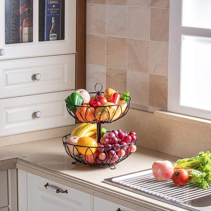 Rice rat Fruit Stand Vegetables Basket Counter Top Fruit Basket Bowl Storage for Kitchen Home Metal Cast Iron (2 Tier-Black)