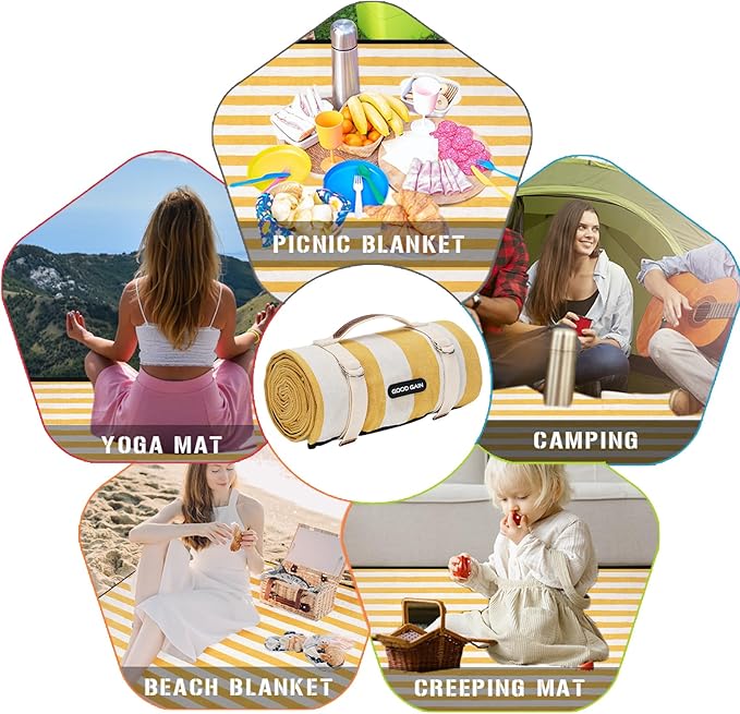 Outdoor Picnic Blankets Waterproof Large, Sandproof Backing Portable for Family, Friends, Kids, Picnic Mat Machine Washable for Camping Party, Grass, Beach Park, Playground(Butter Yellow)