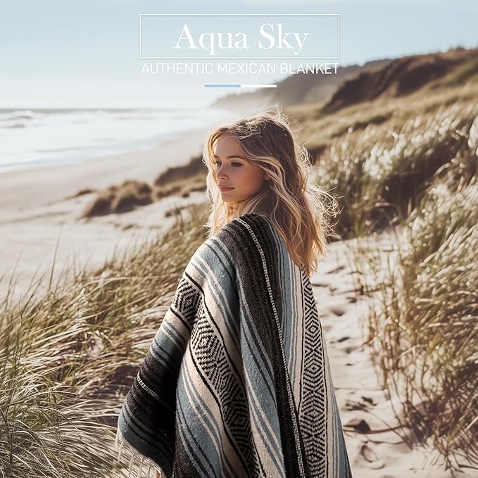 Hydration Nation Authentic Large Handwoven Mexican Blanket - Soft Yoga- Durable Serape- Lightweight Falsa, Beach, Camping, Picnic, Outdoor Blanket 70"x50" - Aqua Sky