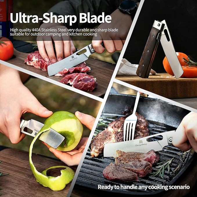 Folding Chef Knife with Leather Pouch 4.8" Sharp 440A Stainless Steel Blade Wooden Handle Pocket Foldable Japanese Style Kitchen Knife for Outdoor Camping Cooking.