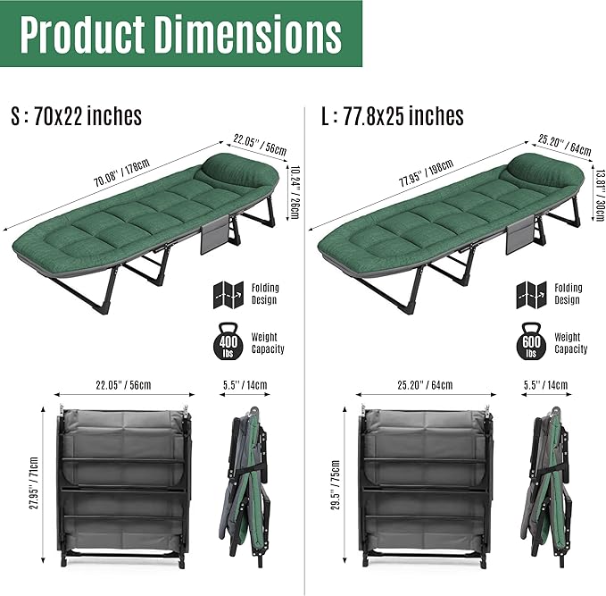 SunSettler Camping Cot with Mattress, Portable Cot Bed for Adults, Foldable Padded Sleeping Cots for Camping Travel Tent Day Bed Outdoor & Home Guest (S)