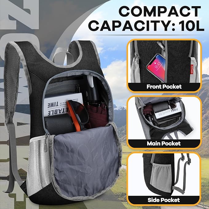 ZOMAKE 10L Ultra Lightweight Packable Backpack, Small Daypack Light Foldable Backpacks Water Resistant Day Bag for Hiking(Black)