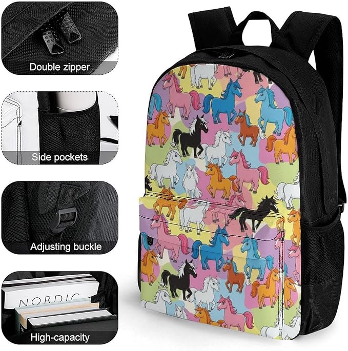 Lightweight Gym Outdoor Hiking Bag & Daypack Horse College Bookbag with Large Capacity Rucksack for Men Women