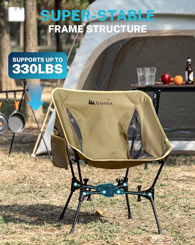 Gonex Portable Camping Chair, The 5th Gen Ultralight Compact Backpacking Foldable Lightweight Folding Chair for Outdoor Camp Hiking Beach Picnic Concert, Supports 330lbs (Khaki,1PCS)
