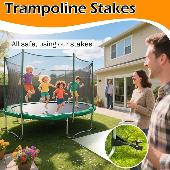 Trampoline Stakes Heavy Duty, 10 Inch 8 Pack Ground Anchor Screw in, Trampoline Earth Anchor Kit with Straps Tent Stakes High Wind Swing Set Accessories for Camping, Securing Animals, Canopy, Sheds