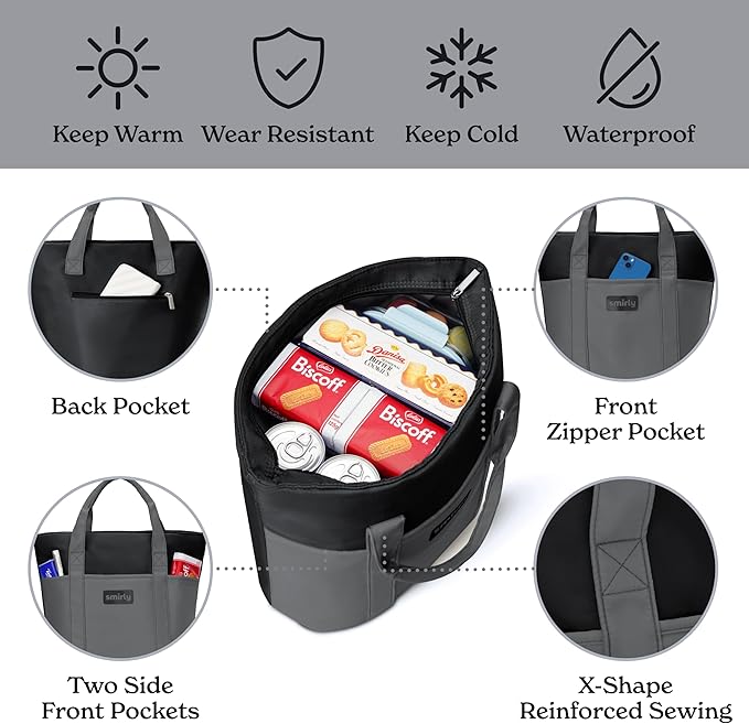 SMIRLY Large Insulated Cooler Bag, Thermal Insulated Grocery Bags, Collapsible Cooler Tote for Travel,Beach or Picnic