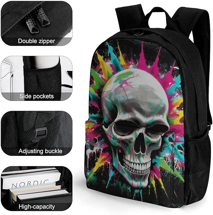 Adults Lightweight Classic And Cool Skull Tie Dye Shoulder Book Bags Big Capacity Shoulder Bag With Adjustable Shoulder Straps for Trekking Work Walking Cycling