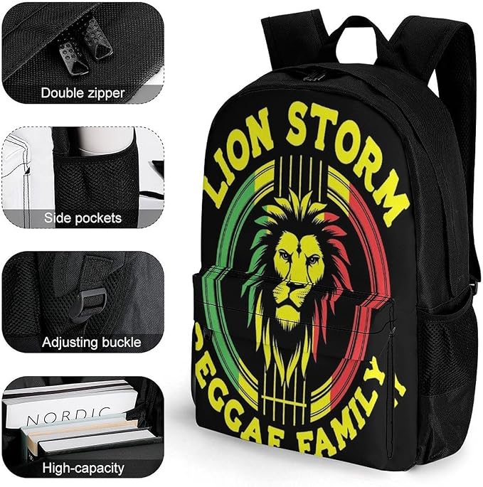 Supdreamc Shoulder Book Bags Anti-Theft Multipurpose Big Capacity Bookbag, Jamaica Reggae Rasta Lion Painting Travel Hiking Backpack With Smooth Zippers
