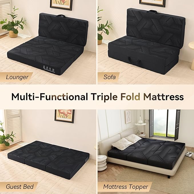 Mattress Topper, 4 Inch Memory Foam Tri-Fold Mattress Twin, Foldable Bed with Washable Cover, Handles and Non-Slip Bottom for Yoga, Guest, Camping, 75"x 38" x 4", Black