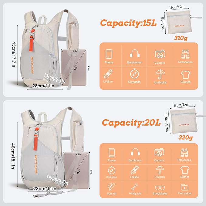 20L Small Hiking Backpack for Men Women Foldable Packable Back Pack Ultralight Hiking Daypack for Travel Camping Outdoor, Beige