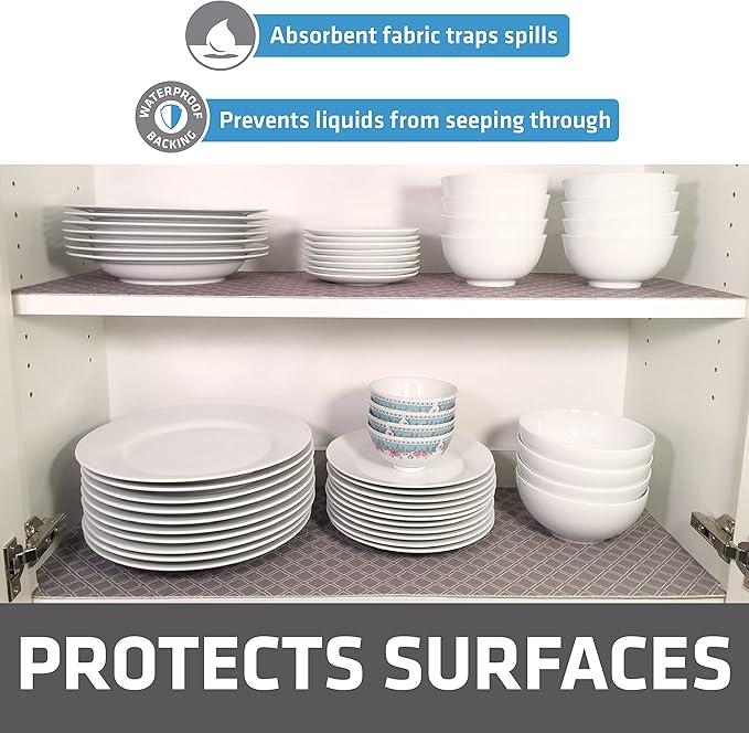 Drymate Premium Luxury Shelf & Drawer Liner, Thick Cushioned Fabric, Non-Adhesive, Absorbent, Waterproof, Slip-Resistant, Liners for Kitchen Cabinets, Cupboards (USA Made)(12”x59”)(24-Pack)(Taupe)