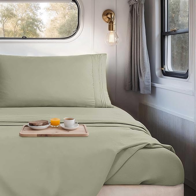 Hearth & Harbor Short Queen Sheets for RV, Sage Green RV Queen Sheets, Silky Soft 1800 Microfiber Bed Sheet for Camper, 4 Piece RV Bedding with Pillowcases