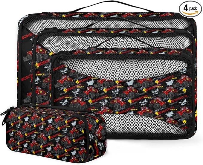 Monster Truck Red Compression Packing Cubes for Travel,Expandable Cubes Storage Bag Carry on Luggage Organizers for Toiletry Clothes Shoe Accessories 4 Set