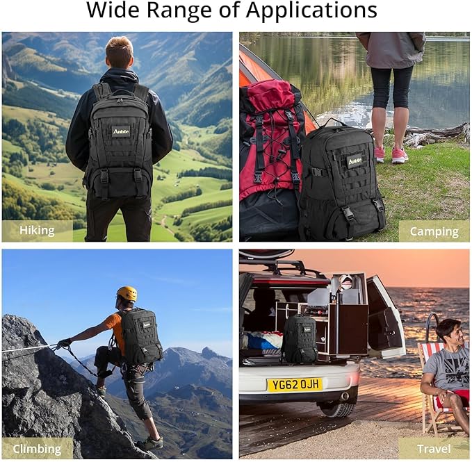 Anbte 40 L Waterproof Lightweight Tactical Backpack, MOLLE System, Comfortable Design for Camping, Hiking, Cycling & Travel, Durable Outdoor Day Pack for Men & Women (Black)