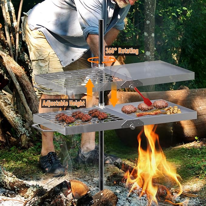 Skyflame Folding Campfire Grill Grate, Stainless Steel Swivel Camping Grill Grate and Griddle with Carrying Bag, Portable Outdoor Cooking Equipment for Open Flame Fire Pit, Backpacking, Camping