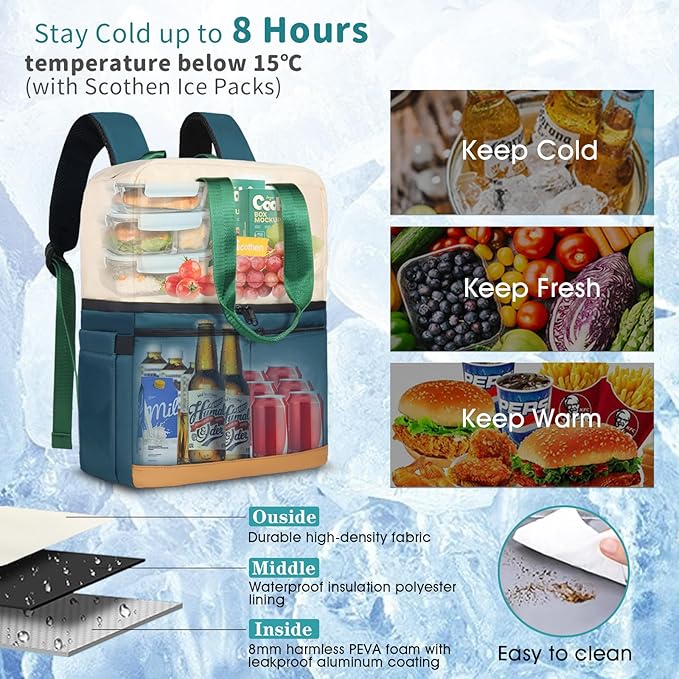 Backpack Cooler with Double Decker & 12 Ice Packs- Keeps 36 Cans Cold for Up to 8 Hours- Waterproof & Leak Proof Insulated Cooler Backpack- Stylish Cooler Bookbag for Women Travel Work Beach