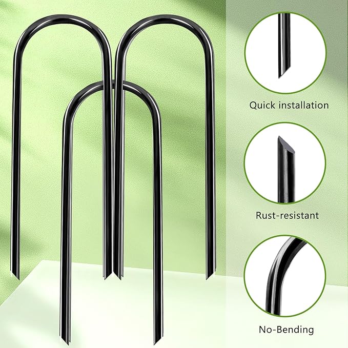8Pcs Trampolines Wind Stakes, 12 Inch Landscape Staples, Heavy Duty Trampoline Anchors, U-Shaped Garden Stakes, Ground Stake with T Hook for Soccer Goals Trampoline Camping Tents (Black)
