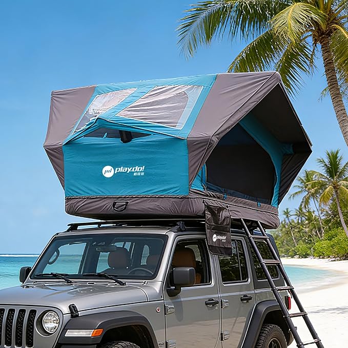 PlayDo Inflatable Rooftop Tent Easy Set Up Pop Up Roof Tent Air Extra Wide Large for 3 Person Family Camping Waterproof Cotton Tents for Truck Car SUV with Light, Skylight