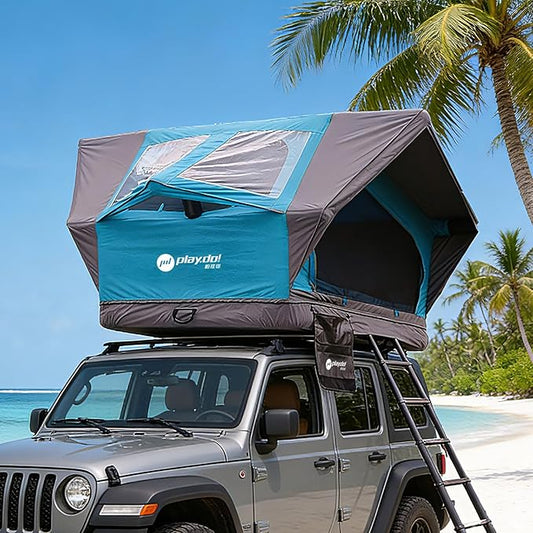 PlayDo Inflatable Rooftop Tent Easy Set Up Pop Up Roof Tent Air Extra Wide Large for 3 Person Family Camping Waterproof Cotton Tents for Truck Car SUV with Light, Skylight