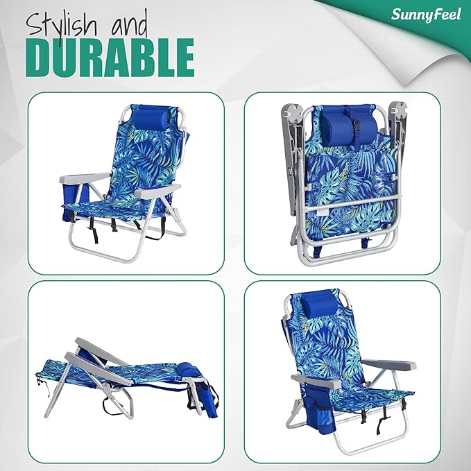 SUNNYFEEL Low Beach Chairs for Adults 5 Position Lay Flat, Portable Folding Backpack Beach Chair Heavy Duty with Cooler Bag, Cup Holder for Outdoor/Lawn/Picnic, Foldable Camping Chair