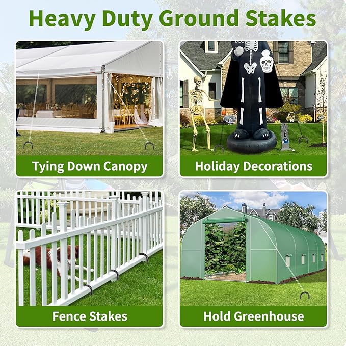 12 Inches Trampoline Wind Stakes 16-Pack, Heavy Duty U Stakes for Ground, Trampoline Tie Down Anchor Kit for Swing Set and Soccer Goal Galvanized Steel Anchors Black